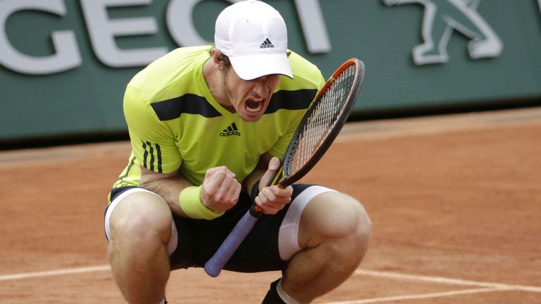 Andy Murray celebrates after winning his French Open third round match against Germany's Philipp Kohlschreiber