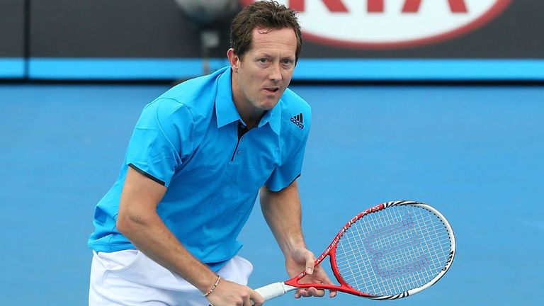 Jonas Bjorkman in action in their first round legends doubles match against Joshua Eagle