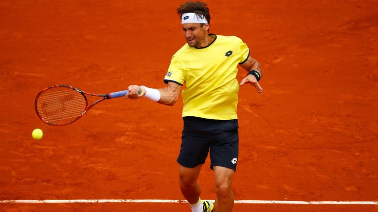 David Ferrer plays a forehand during his match against David Ferrer at the 2015 French Open 