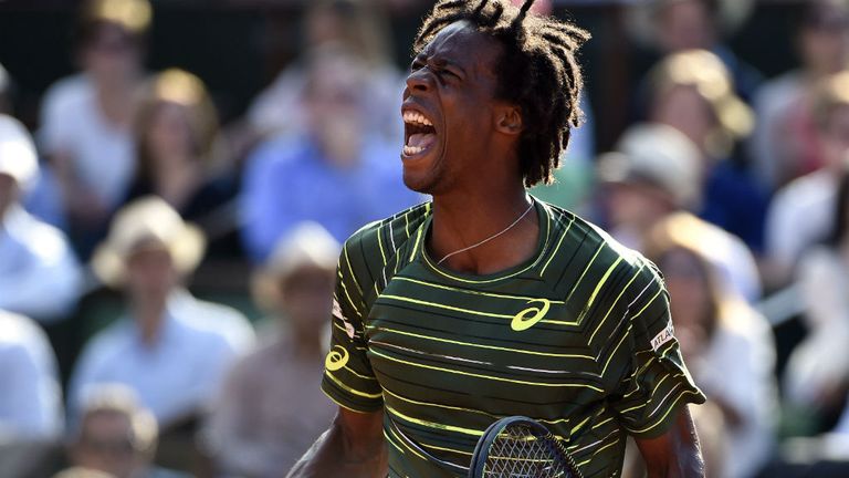 Gael Monfils reacts during his match against Diego Schwartzman at the French Tennis