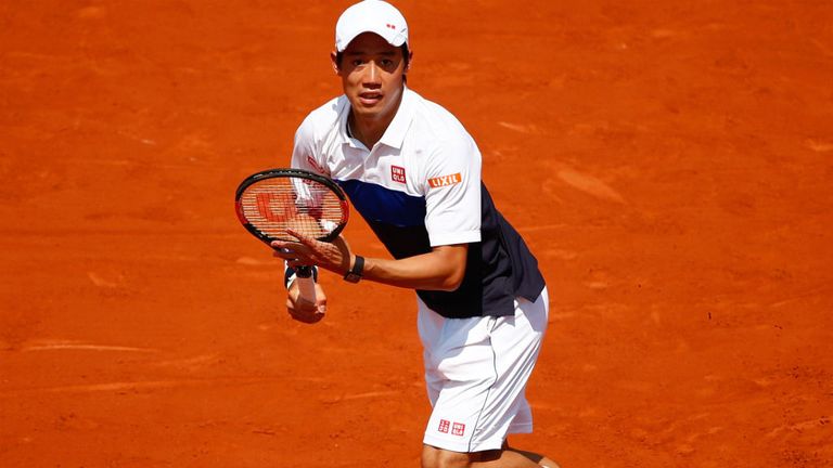 Kei Nishikori of Japan in action during his match against Thomaz Bellucci at the French Open 