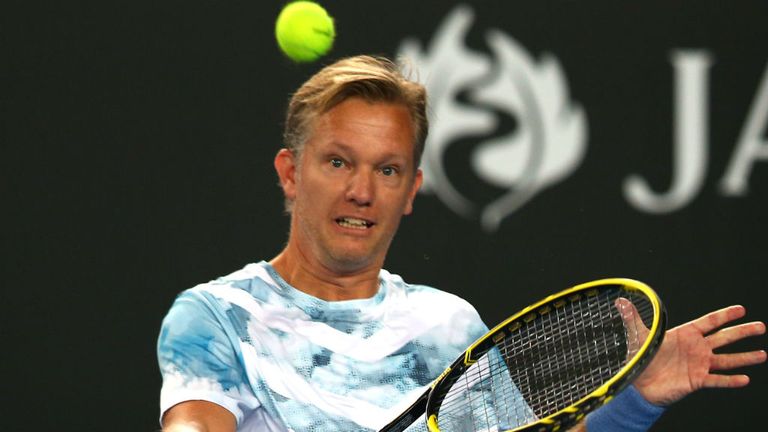 Thomas Johansson in their legends doubles match during day eight of the 2015 Australian Open at Melbourne Park 