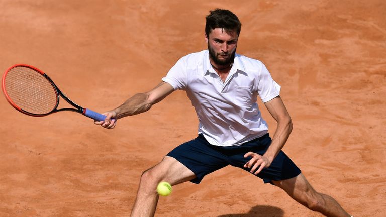 Gilles Simon in action during his defeat to Dominic Thiem in their Second Round match at Rome Masters