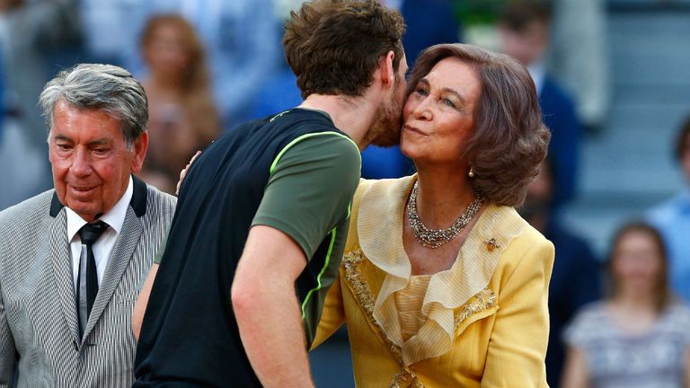 Andy Murray of Great Britain meets the Queen Sofia of Spain after his win at the Mutua Madrid Open at the Caja Magica