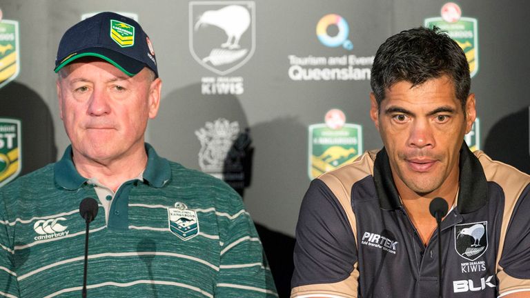 BRISBANE, AUSTRALIA - APRIL 30:  (L-R) Australian coach Tim Sheens and New Zealand coach Stephen Kearney at a press conference ahead of the international T