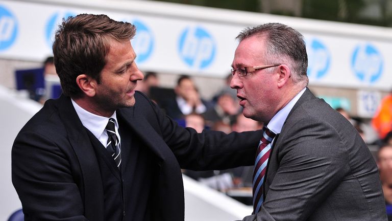 Tottenham Hotspur's English Manager Tim Sherwood (L) greets Aston Villa's English manager Paul Lambert before the English Premier League football match bet