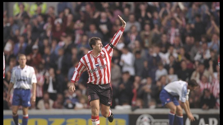 Matt Le Tissier of Southampton celebrates his two goals during the FA Carling Premier League match between Southampton and Middlesbrough at t