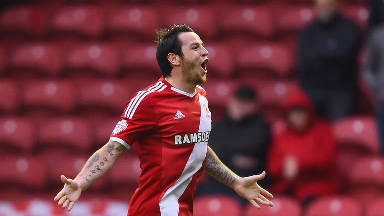 MIDDLESBROUGH, ENGLAND - MAY 15:  Lee Tomlin of Middlesbrough celebrates as he scores their first goal during the Sky Bet Championship Playoff semi final s