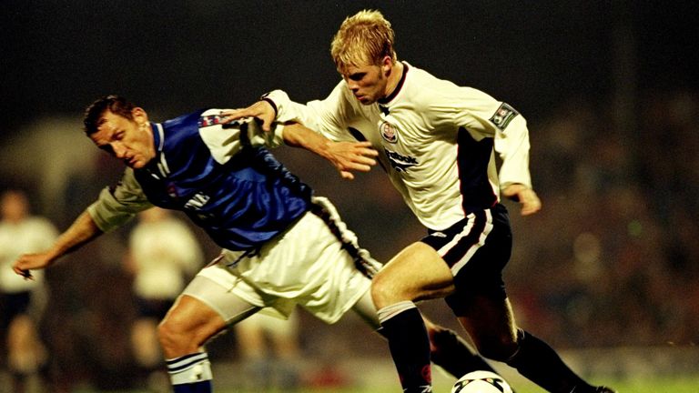 Tony Mowbray and Eidur Gudjohnsen: During the 1999 Division One Semi-Final Play-Off 2nd leg