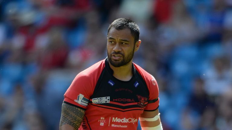 MANCHESTER, ENGLAND - MAY 17:  Tony Puletua of Salford Red Devils during the Super League match between Widnes Vikings and Salford Red Devils at Etihad Sta