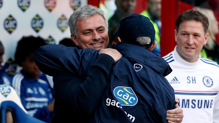 LONDON, ENGLAND - MARCH 29:  Chelsea manager Jose Mourinho embraces Crystal Palace manager Tony Pulis during the Barclays Premier League match between Crys