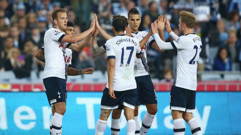 Harry Kane of Tottenham Hotspur celebrates with his team mates after scoring a goal during the international friendly match between Sydney FC and Tottenham
