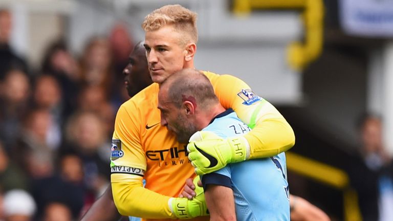 Joe Hart and Pablo Zabaleta embrace after Manchester City's 1-0 victory over Tottenham