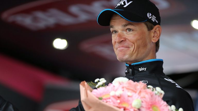 Belarus rider Vasil Kiryienka (Team Sky) celebrates on the podium after winning the 14th stage of the 98th Giro d'Italia