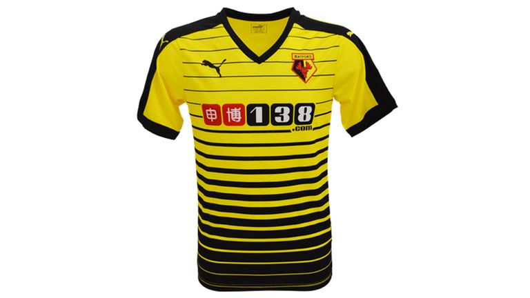 Watford's kit incorporates black hoops that develop from pinstripes to give a gradient effect