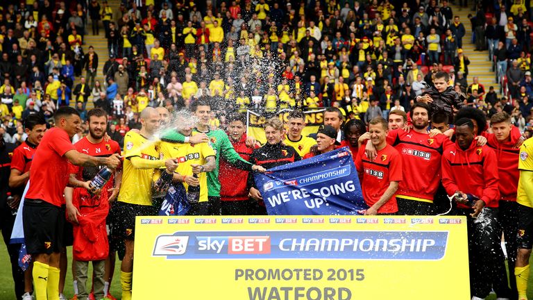 Watford players celebrate promotion, Sky Bet Championship, v Sheffield Wednesday, Vicarage Road