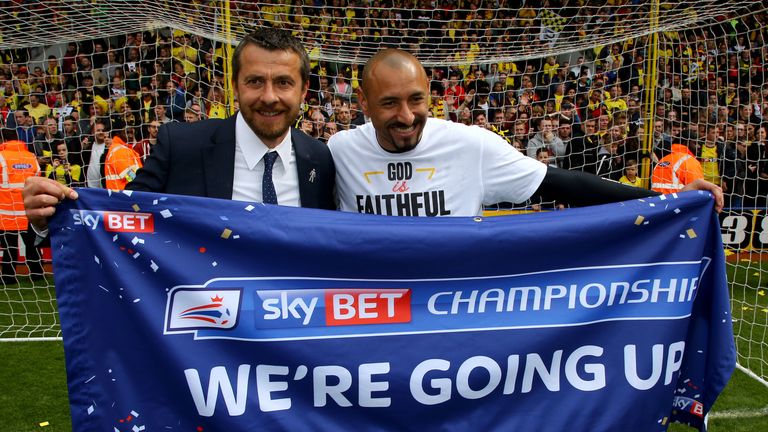 Watford Head Coach Slavisa Jokanovic and goalkeeper Heurelho Gomes celebrate promotion to the Premier League