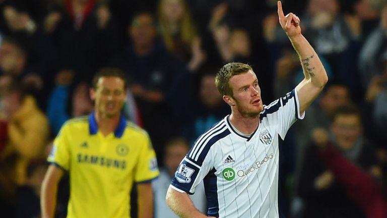 Chris Brunt of West Bromwich Albion celebrates as he scores their third goal