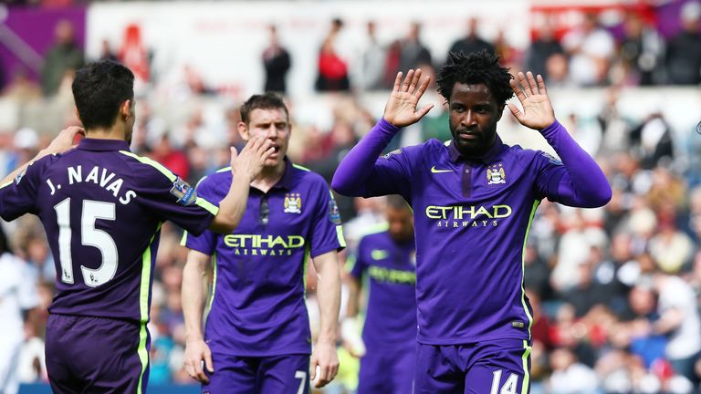 Wilfred Bony of Manchester City celebrates after scoring his team's fourth goal against Swansea at the Liberty on May 17, 2015