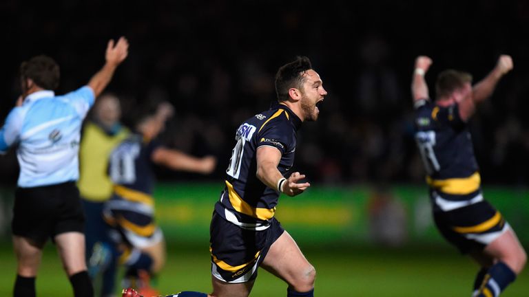 Ryan Lamb celebrates his crucial conversion for Worcester