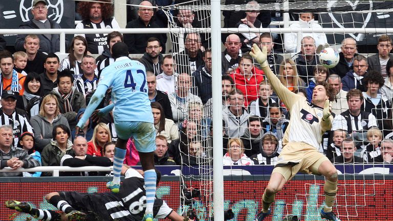 Yaya Toure of Manchester City scores his team's second goal during the Premier League match between Newcastle United on May 06, 2012