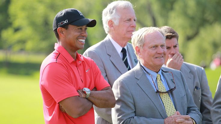 Tiger Woods share a laugh with Jack Nicklaus following the Memorial Tournament