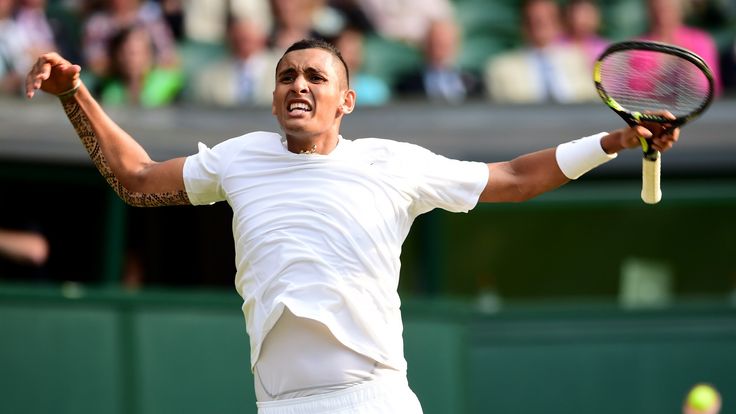 Australia's Nick Kyrgios celebrates winning a game against Spain's Rafael Nadal during their men's singles fourth round match on day eight of the 2014 Wimb