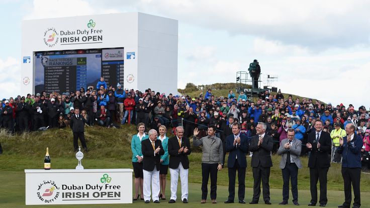 Rory McIlroy of Northern Ireland acknowledges the crowd at the trophy presentation during the Final Round of the Irish Open