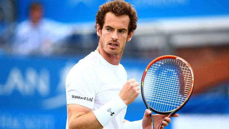 Andy Murray celebrates a break point in his men's singles final match against Kevin Anderson  the Aegon Championships at Queen's Club