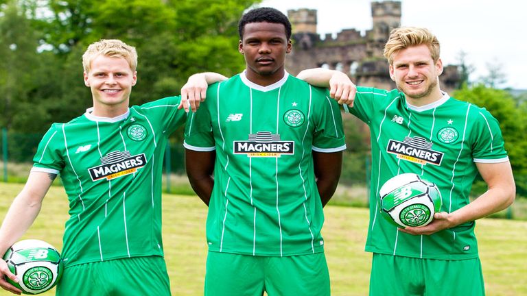 Gary Mackay-Steven, Dedryck Boyata and Stuart Armstrong pose in the new Celtic away kit.