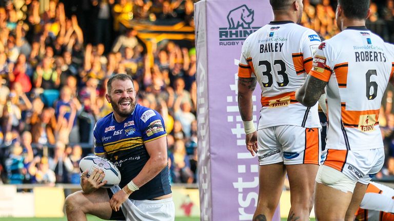 Leeds' Adam Cuthbertson celebrates his try against Castleford