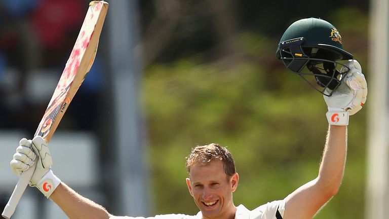 ROSEAU, DOMINICA - JUNE 04:  Adam Voges of Australia celebrates after reaching his maiden century in his debut test during day two of the First Test match 