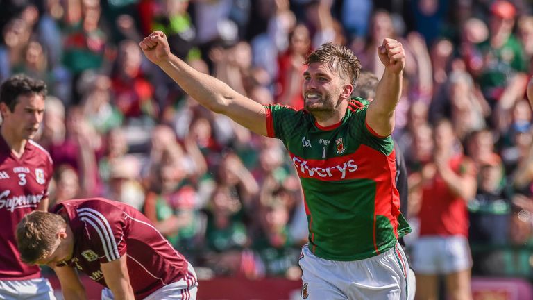 Mayo's Aidan O'Shea celebrates after scoring his side's first goal. 