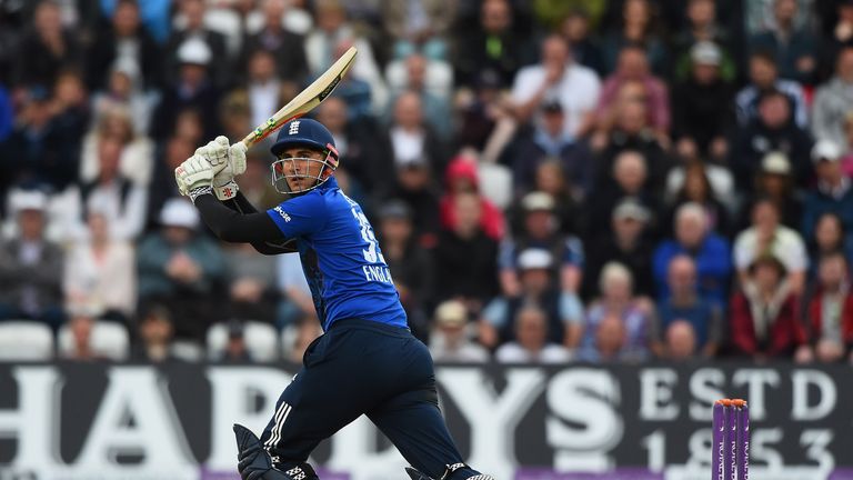lex Hales of England smashes the ball for six runs during the 4th ODI against New Zealand at Trent Bridge on 17 June, 2015