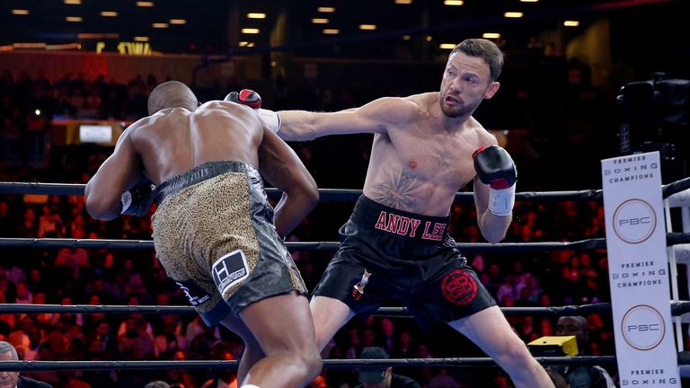 NEW YORK, NY - APRIL 11:  Andy Lee and Peter Quillin exchange punches during the Premier Boxing Champions Middleweight bout