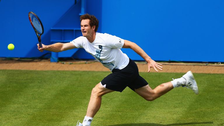 Andy Murray practices during day one of the Aegon Championships at Queen's Club on June 15, 2015