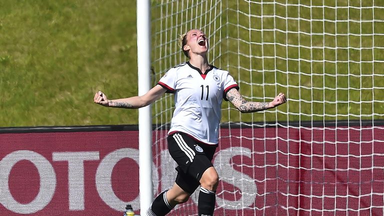 Germany's Anja Mittag celebrates scoring against Sweden in the 4-1 win