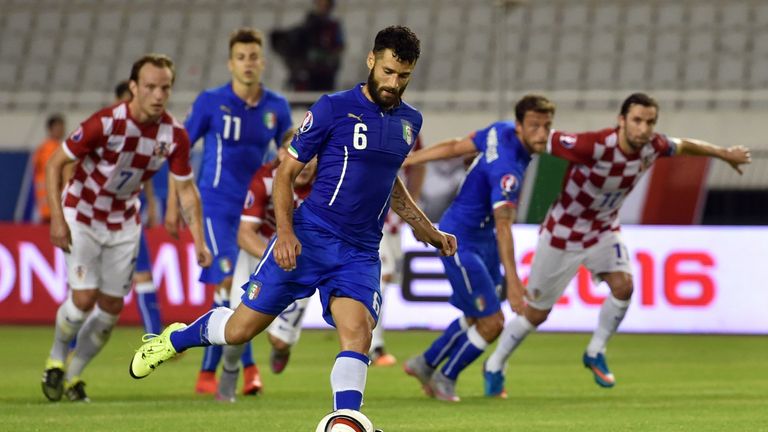 Italy's midfielder Antonio Candreva (C) takes a penalty during the Euro 2016 qualifying football match between Croatia and Italy