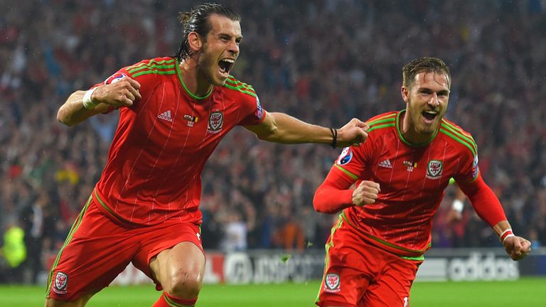 Gareth Bale celebrates after scoring the opening goal against Belgium