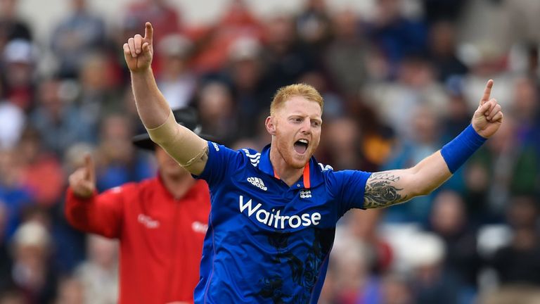 England bowler Ben Stokes celebrates after dismissing New Zealand batsman Martin Guptill during the 5th ODI