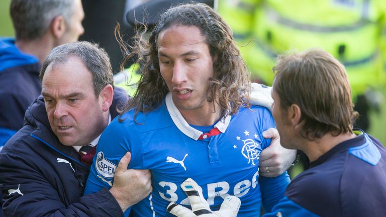 MOTHERWELL, SCOTLAND - MAY 31: Bilel Mohsni of Rangers is taken off the pitch after a scuffle during the Scottish Premiership play-off final 2nd leg betwee