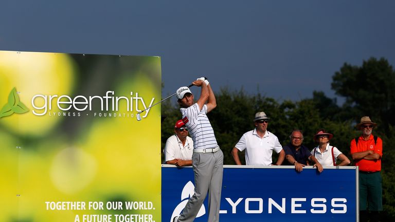 Gregory Bourdy of France tees off during the Lyoness Open at the Diamond Country Club in Atzenbrugg