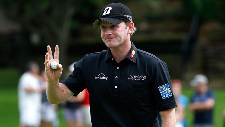 IRVING, TX - MAY 29:  Brandt Snedeker waves to the gallery after a putt on the fifth hole during Round Two of the AT&T Byron Nelson at the TPC Four Seasons