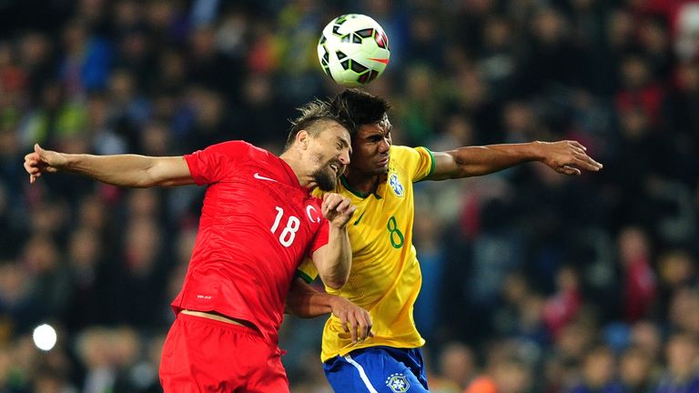 Brazil's Casemiro goes up for a header in a friendly against Turkey