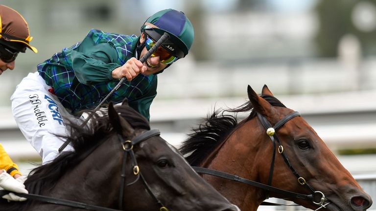 Brett Prebble riding Wandjina reacts after winning from Alpine Eagle