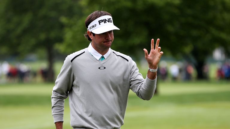 Bubba Watson reacts after putting on the fifth hole during the final round of the Travelers Championship at TPC River Highlands.