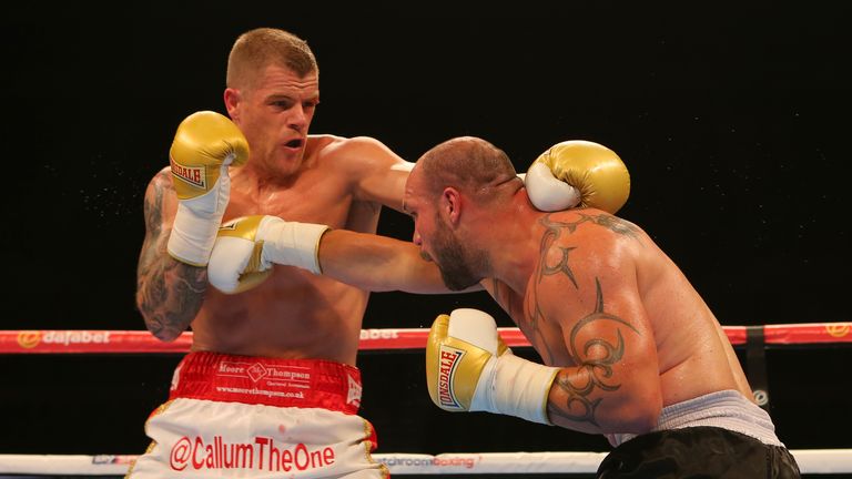 LIVERPOOL, ENGLAND - JUNE 26: Callum Johnson and Tzvetozar Iliev during their Light Heavyweight contest at the Echo Arena on June 26, 2015 in Liverpool, En