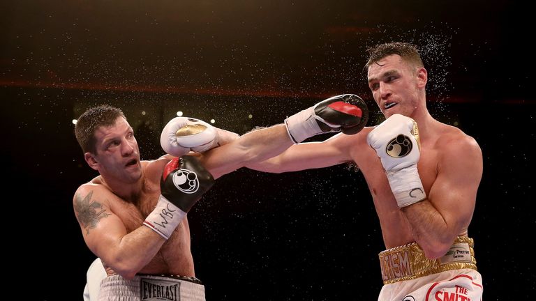 LIVERPOOL, ENGLAND - NOVEMBER 22:  Callum Smith in action with Nikola Sjekloca during their WBC International Super Middleweight Championship at Liverpool 