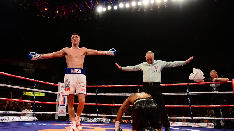 CARDIFF, WALES - MAY 17:  Callum Smith celebrates as Tobias Smith is counted out during their WBC International Super Middleweight Title bout at the Motorp