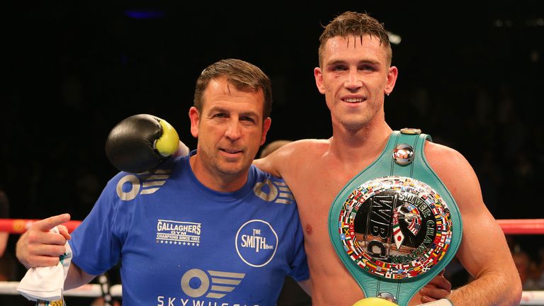 LIVERPOOL, ENGLAND - JUNE 26: Callum Smith with trainer Joe Gallagher after beating Christopher Rebrasse during their WBC Silver Super Middleweight Champio